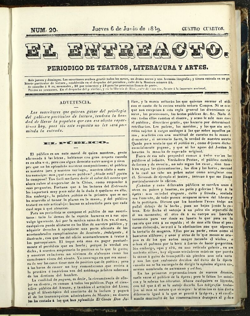 Miniatura de El Entreacto: Periódico de teatro, literatura y artes del 9 de junio de 1839