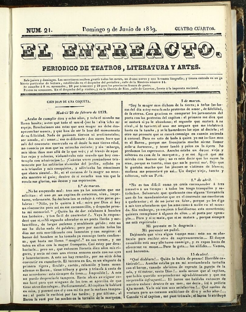 Miniatura de El Entreacto: Periódico de teatro, literatura y artes del 13 de junio de 1839