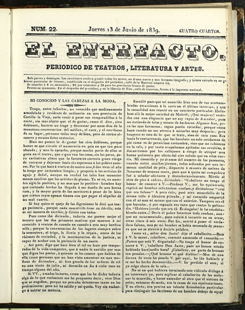 Miniatura de El Entreacto: Periódico de teatro, literatura y artes del 16 de junio de 1839
