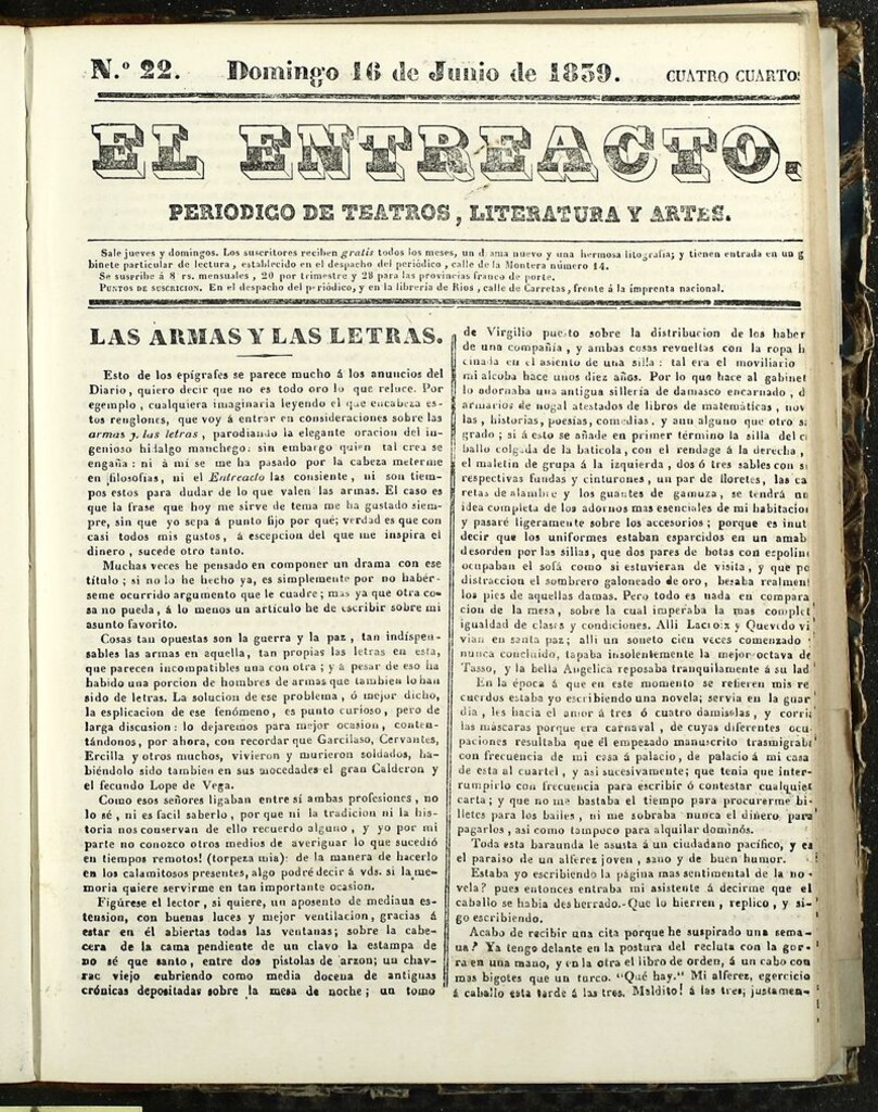 Miniatura de El Entreacto: Periódico de teatro, literatura y artes del 20 de junio de 1839