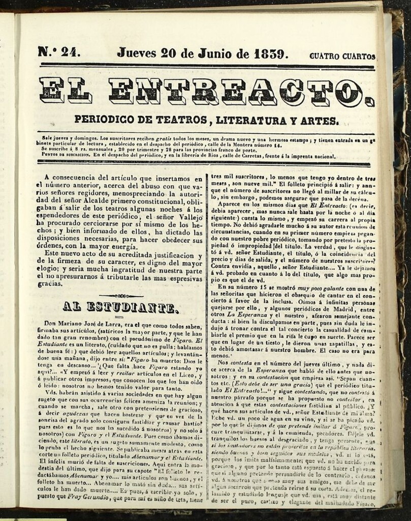 Miniatura de El Entreacto: Periódico de teatro, literatura y artes del 23 de junio de 1839