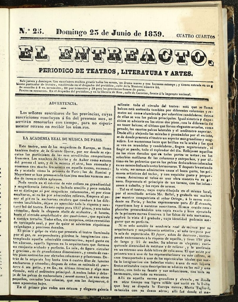 Miniatura de El Entreacto: Periódico de teatro, literatura y artes del 27 de junio de 1839
