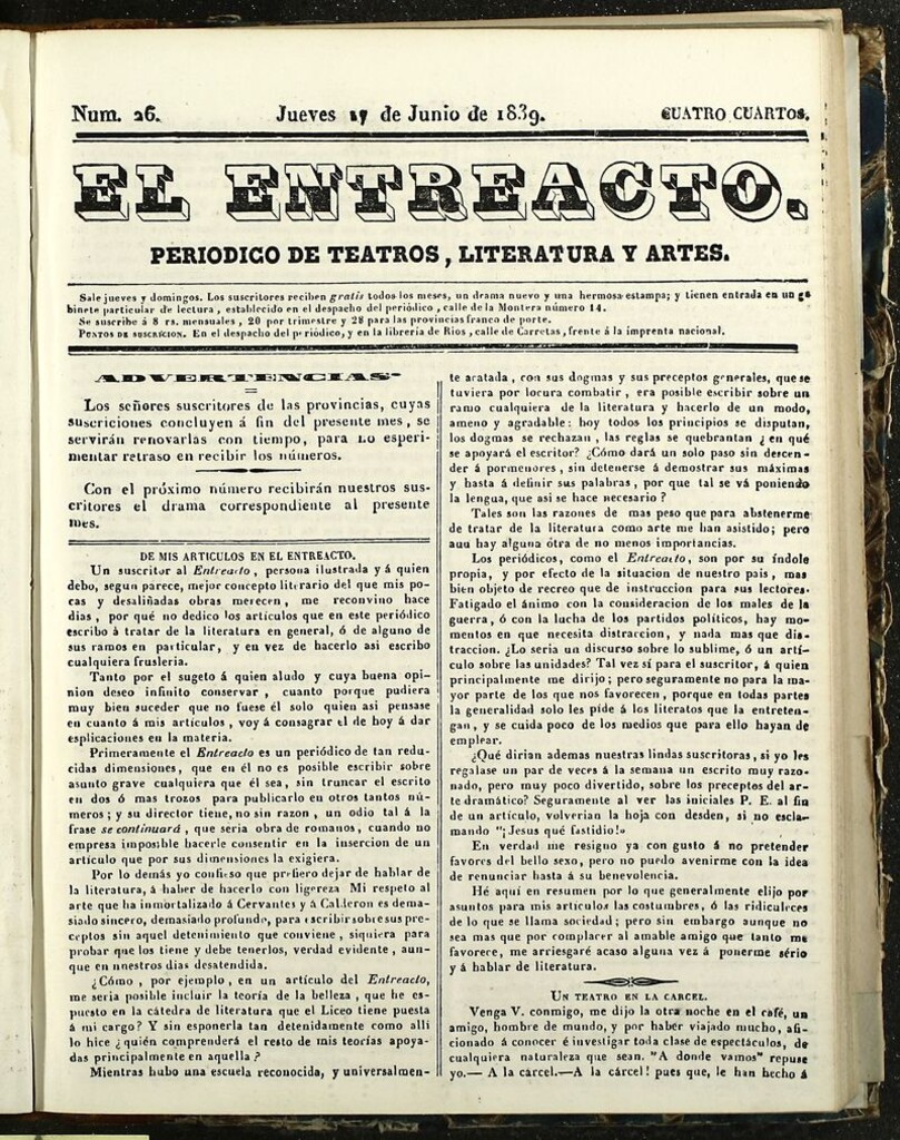 Miniatura de El Entreacto: Periódico de teatro, literatura y artes del 30 de junio de 1839