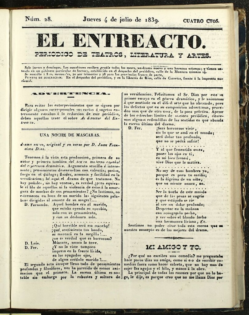 Miniatura de El Entreacto: Periódico de teatro, literatura y artes del 4 de julio de 1839