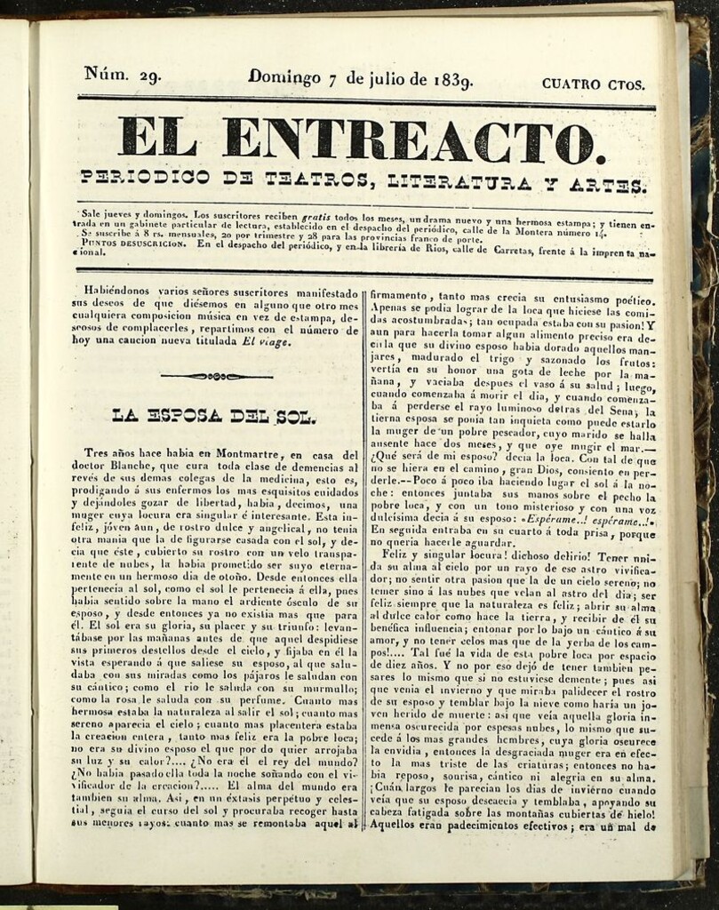 Miniatura de El Entreacto: Periódico de teatro, literatura y artes del 7 de julio de 1839