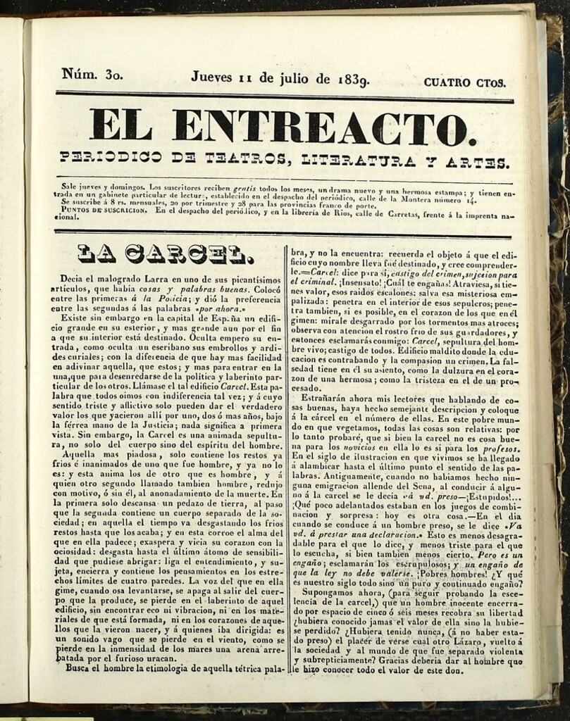 Miniatura de El Entreacto: Periódico de teatro, literatura y artes del 11 de julio de 1839