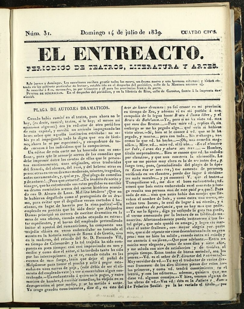 Miniatura de El Entreacto: Periódico de teatro, literatura y artes del 14 de julio de 1839