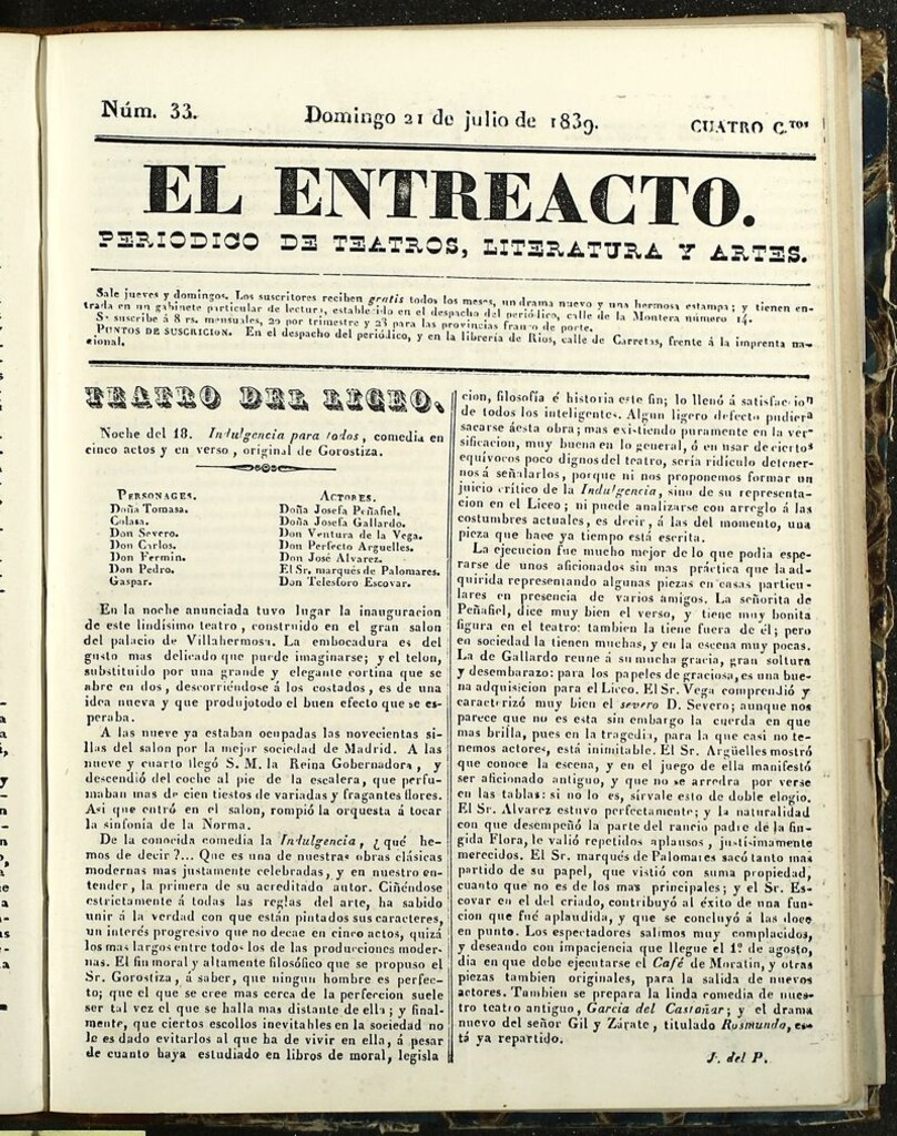 Miniatura de El Entreacto: Periódico de teatro, literatura y artes del 21 de julio de 1839