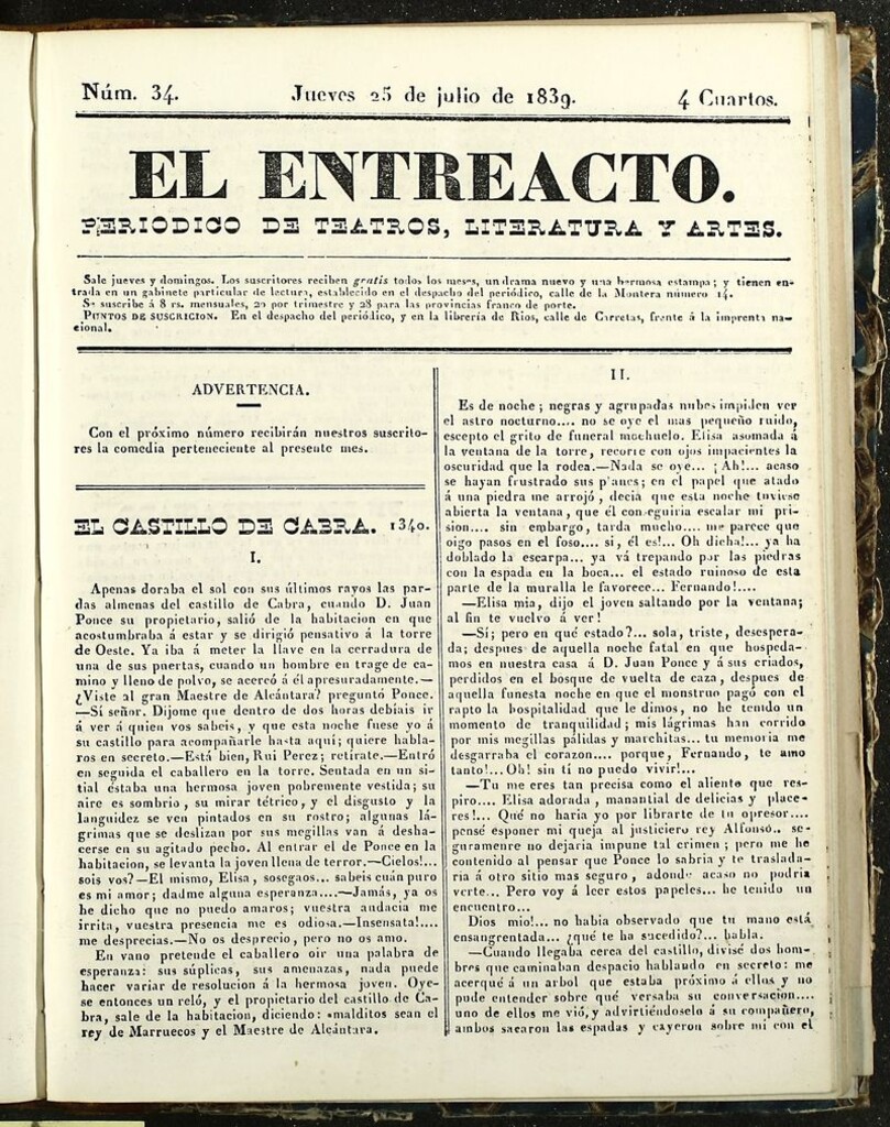 Miniatura de El Entreacto: Periódico de teatro, literatura y artes del 25 de julio de 1839