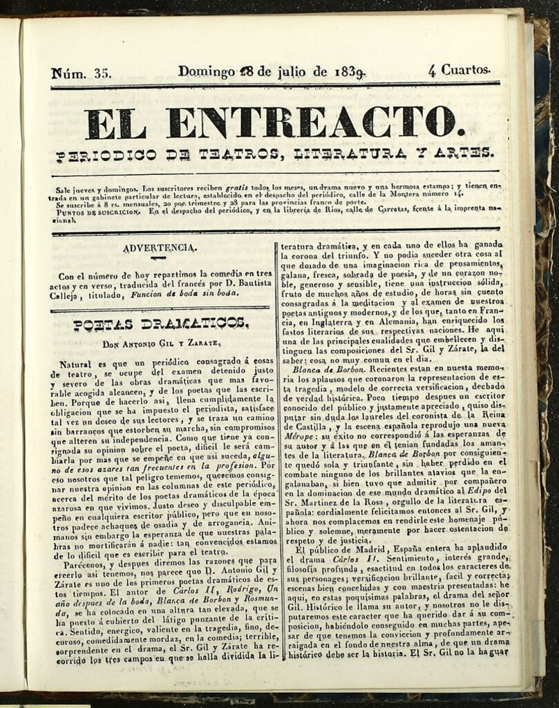 Miniatura de El Entreacto: Periódico de teatro, literatura y artes del 28 de julio de 1839