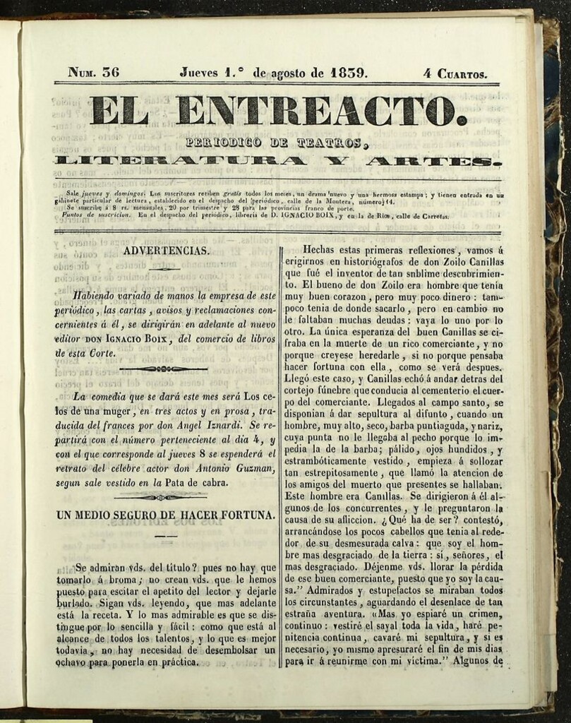 Miniatura de El Entreacto: Periódico de teatro, literatura y artes del 1 de agosto de 1839