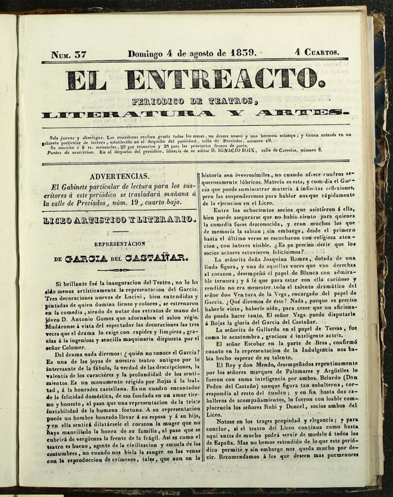 Miniatura de El Entreacto: Periódico de teatro, literatura y artes del 4 de agosto de 1839