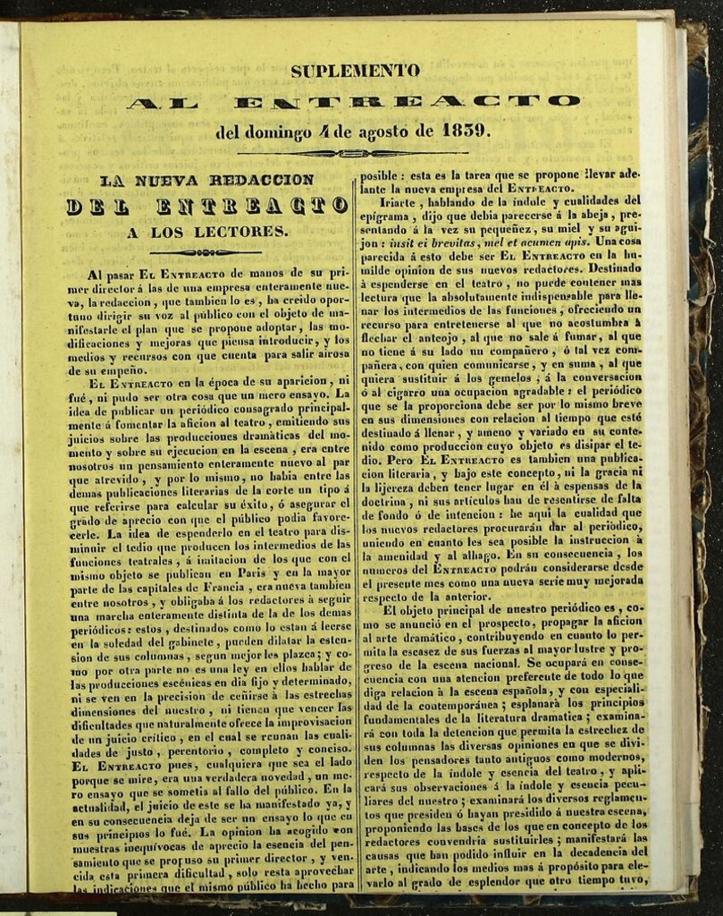Miniatura de El Entreacto: Periódico de teatro, literatura y artes del 4 de agosto de 1839. Suplemento