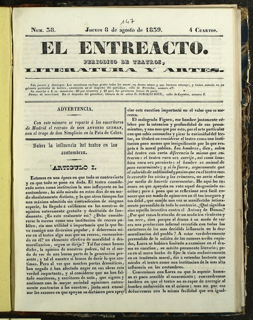 Miniatura de El Entreacto: Periódico de teatro, literatura y artes del 8 de agosto de 1839