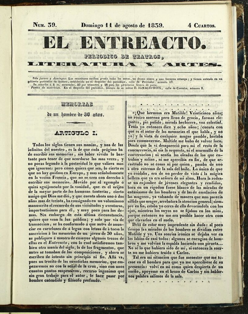 Miniatura de El Entreacto: Periódico de teatro, literatura y artes del 11 de agosto de 1839. Suplemento
