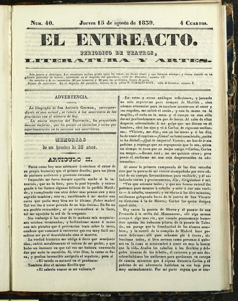 Miniatura de El Entreacto: Periódico de teatro, literatura y artes del 15 de agosto de 1839