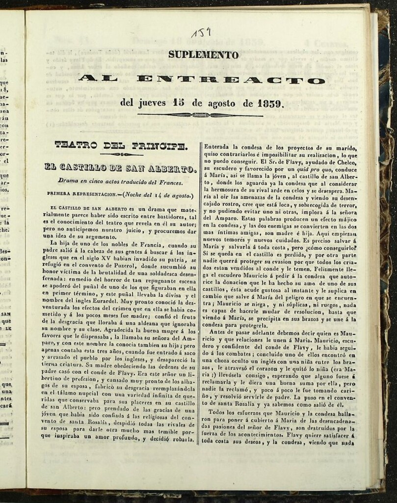 Miniatura de El Entreacto: Periódico de teatro, literatura y artes del 15 de agosto de 1839. Suplemento