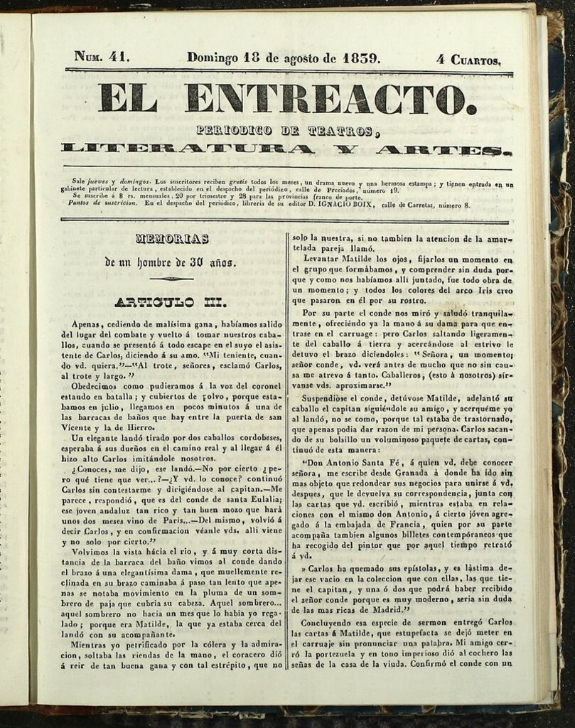 Miniatura de El Entreacto: Periódico de teatro, literatura y artes del 18 de agosto de 1839