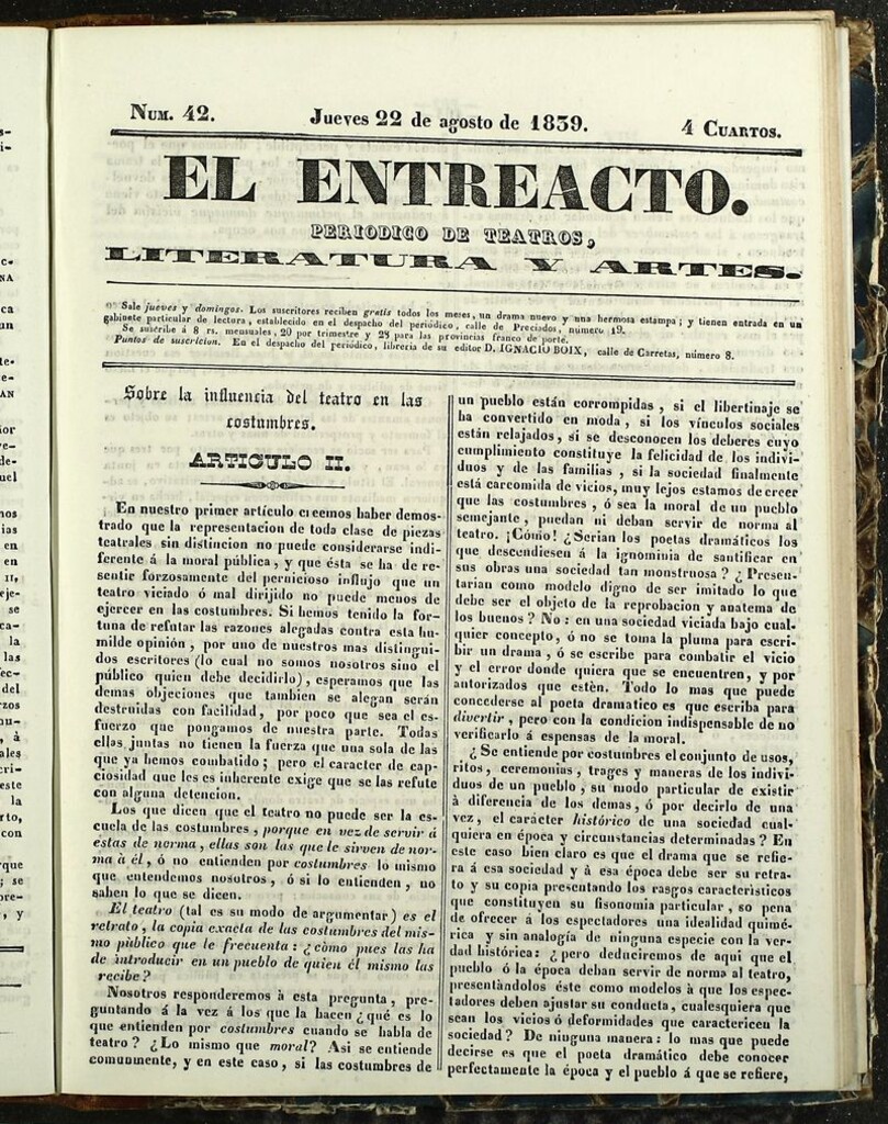 Miniatura de El Entreacto: Periódico de teatro, literatura y artes del 22 de agosto de 1839