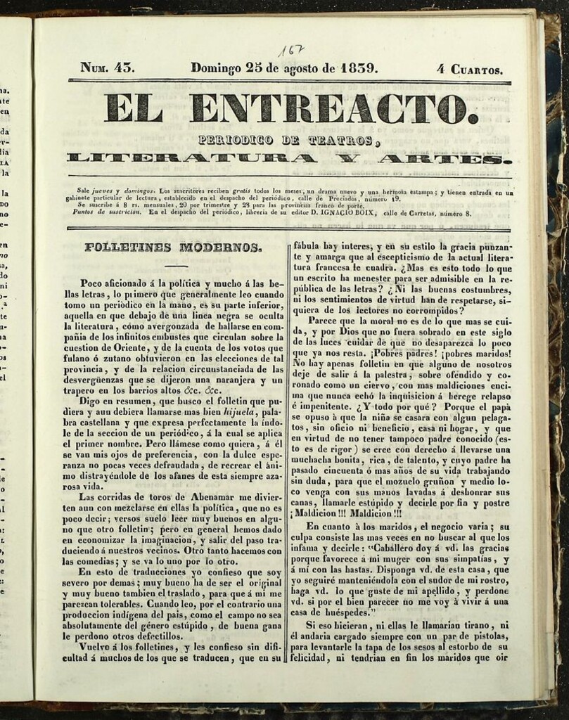 Miniatura de El Entreacto: Periódico de teatro, literatura y artes del 25 de agosto de 1839