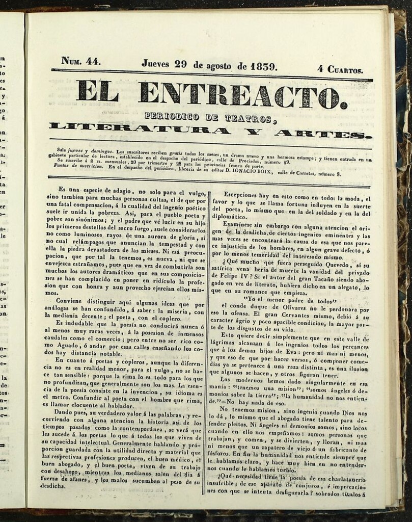 Miniatura de El Entreacto: Periódico de teatro, literatura y artes del 29 de agosto de 1839