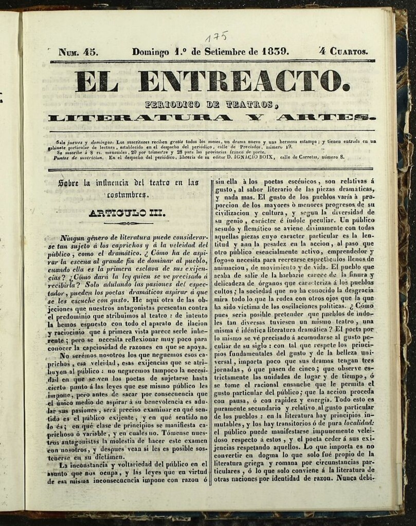 Miniatura de El Entreacto: Periódico de teatro, literatura y artes del 1 de septiembre de 1839