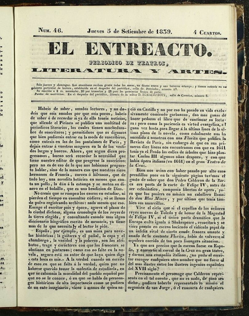 Miniatura de El Entreacto: Periódico de teatro, literatura y artes del 5 de septiembre de 1839