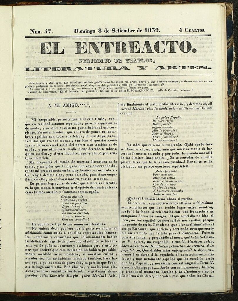 Miniatura de El Entreacto: Periódico de teatro, literatura y artes del 8 de septiembre de 1839