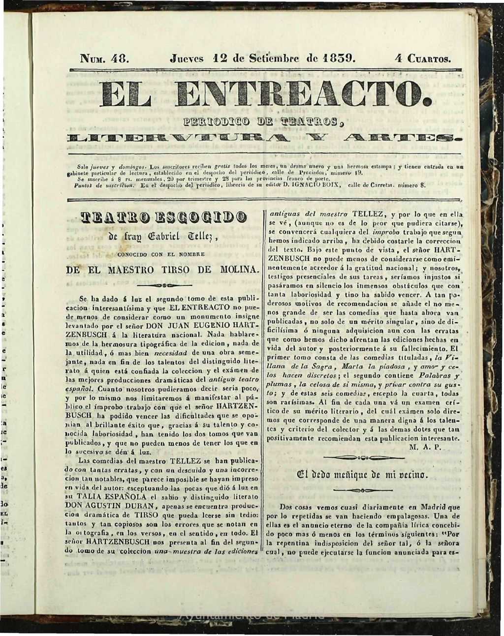 Miniatura de El Entreacto: Periódico de teatro, literatura y artes del 12 de septiembre de 1839