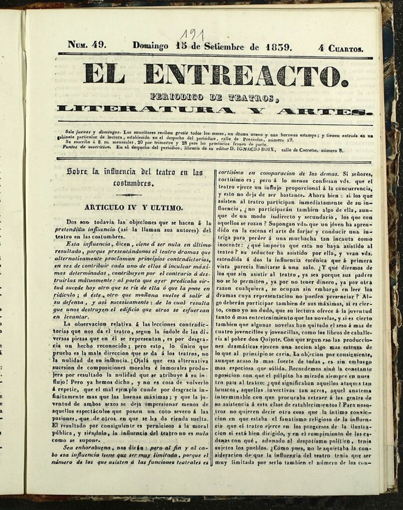 Miniatura de El Entreacto: Periódico de teatro, literatura y artes del 15 de septiembre de 1839