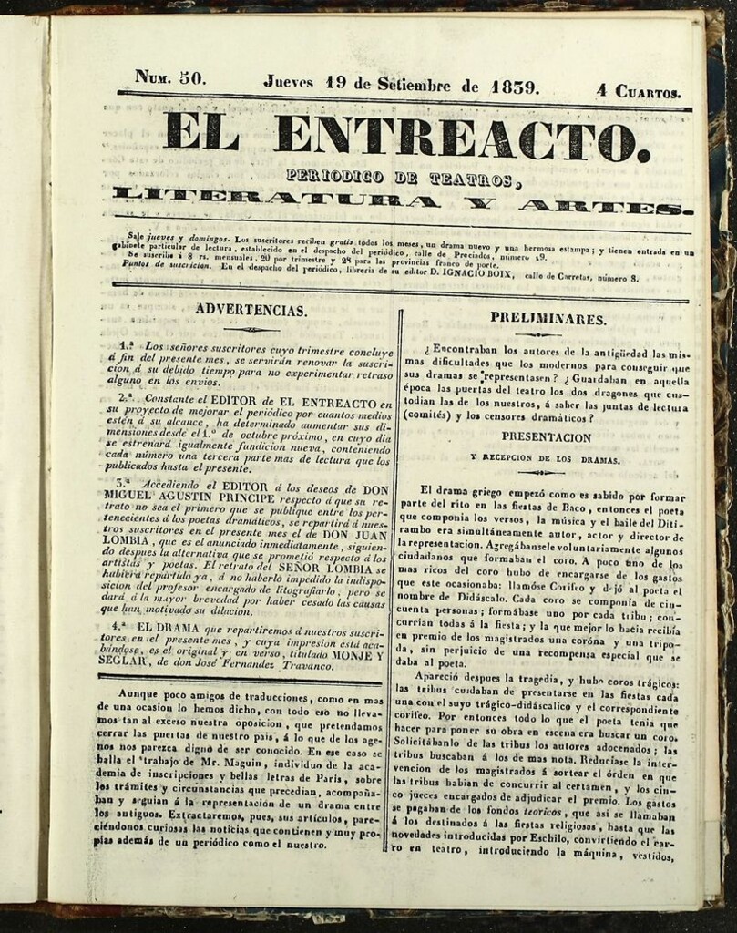 Miniatura de El Entreacto: Periódico de teatro, literatura y artes del 19 de septiembre de 1839