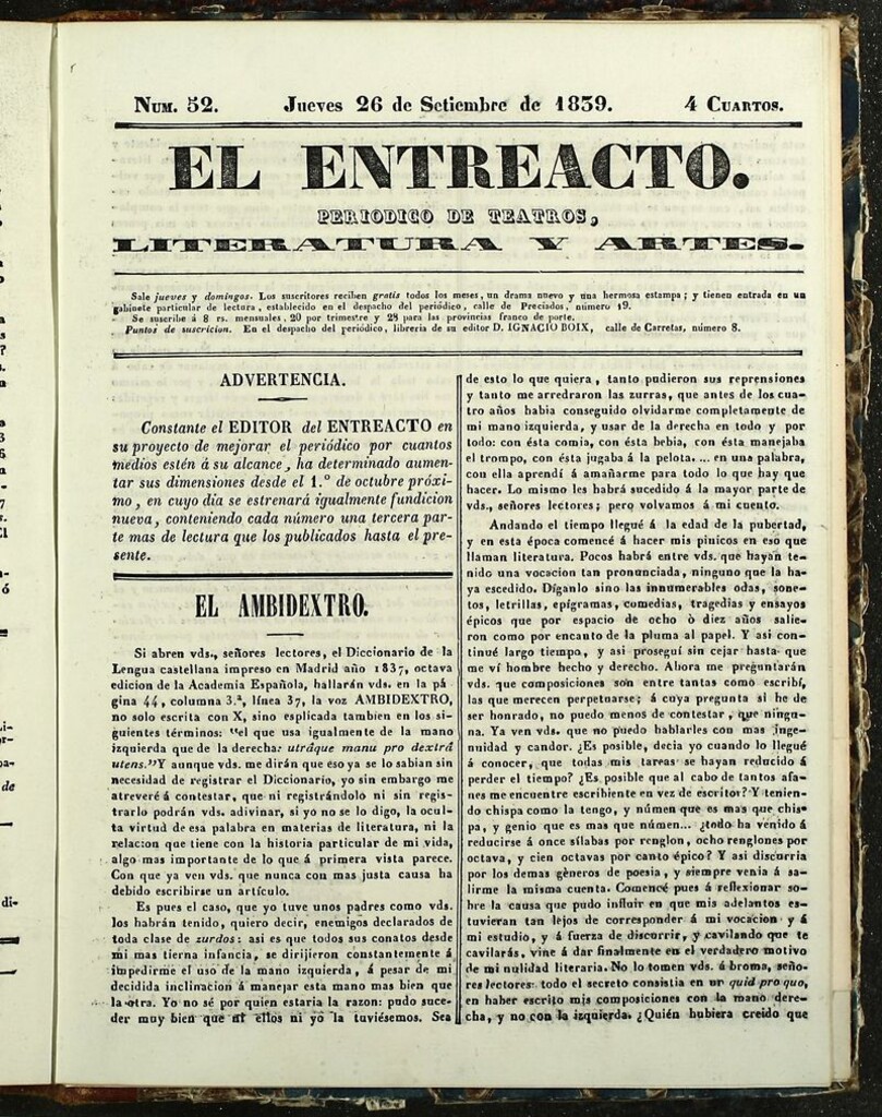 Miniatura de El Entreacto: Periódico de teatro, literatura y artes del 26 de septiembre de 1839