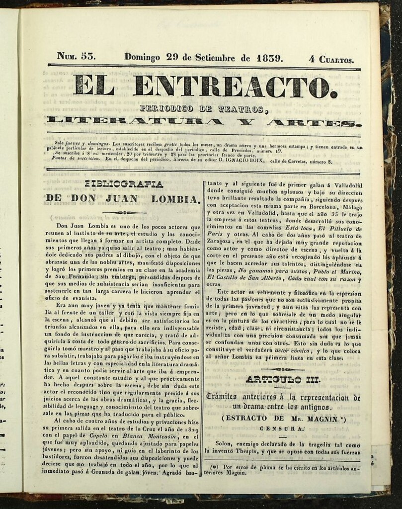 Miniatura de El Entreacto: Periódico de teatro, literatura y artes del 29 de septiembre de 1839