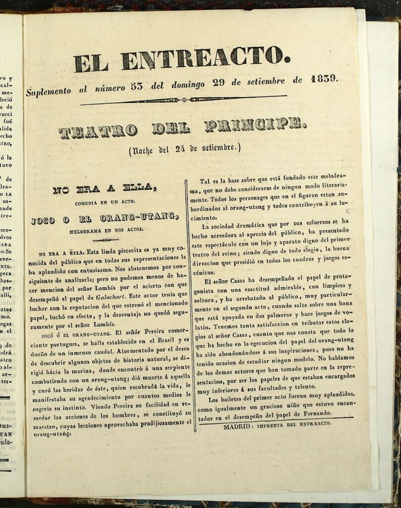 Miniatura de El Entreacto: Periódico de teatro, literatura y artes del 29 de septiembre de 1839. Suplemento