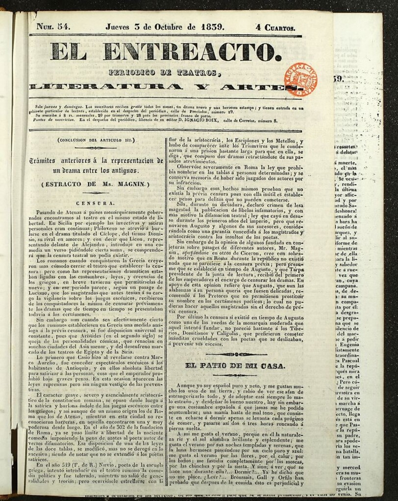 Miniatura de El Entreacto: Periódico de teatro, literatura y artes del 2 de octubre de 1839