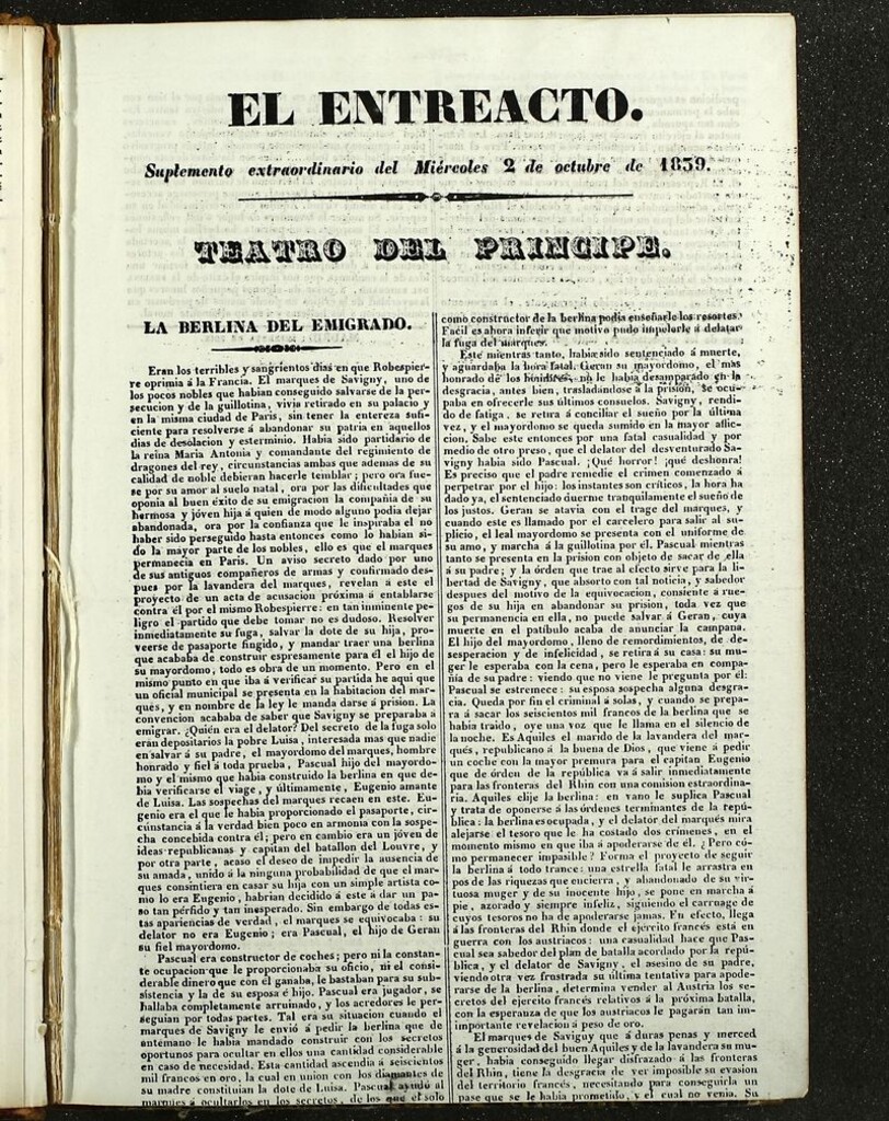 Miniatura de El Entreacto: Periódico de teatro, literatura y artes del 3 de octubre de 1839