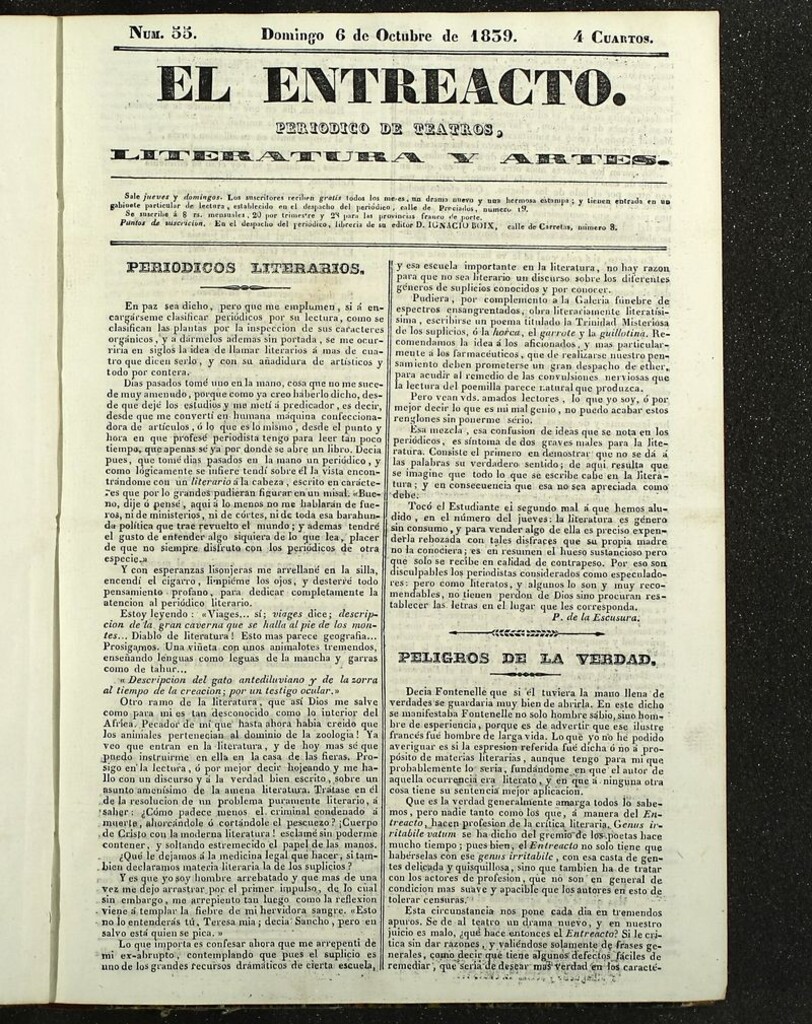 Miniatura de El Entreacto: Periódico de teatro, literatura y artes del 6 de octubre de 1839