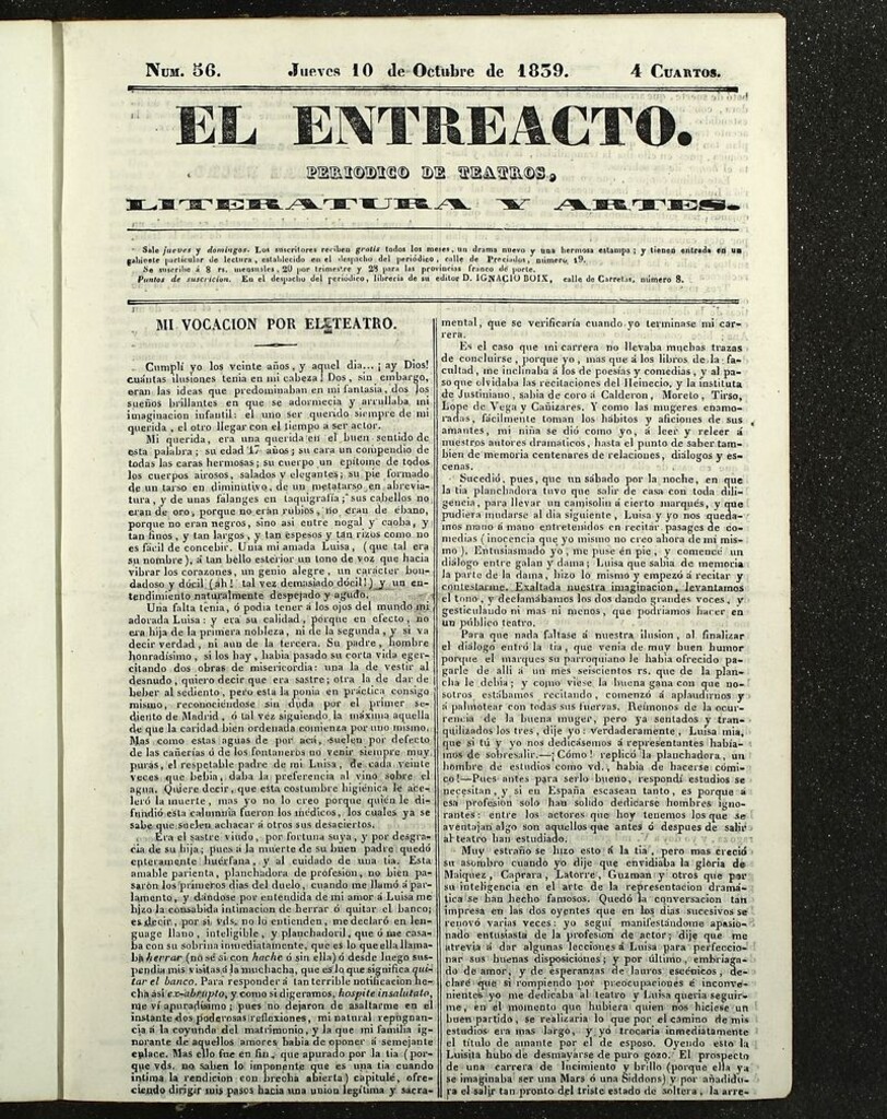 Miniatura de El Entreacto: Periódico de teatro, literatura y artes del 10 de octubre de 1839
