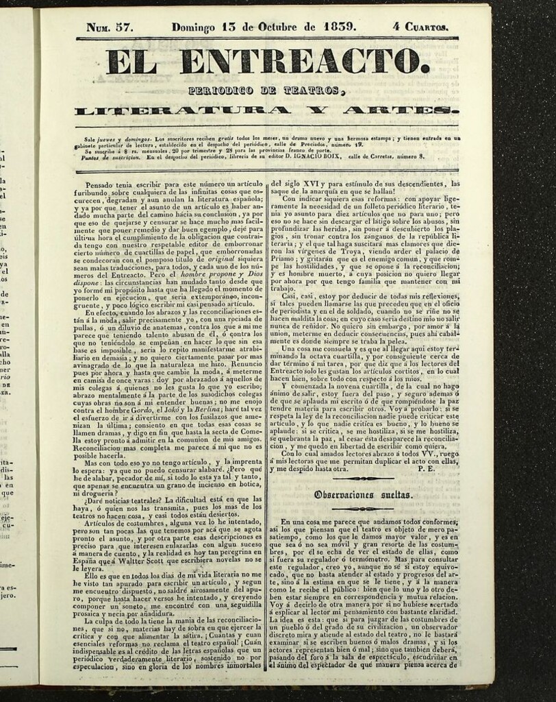 Miniatura de El Entreacto: Periódico de teatro, literatura y artes del 13 de octubre de 1839
