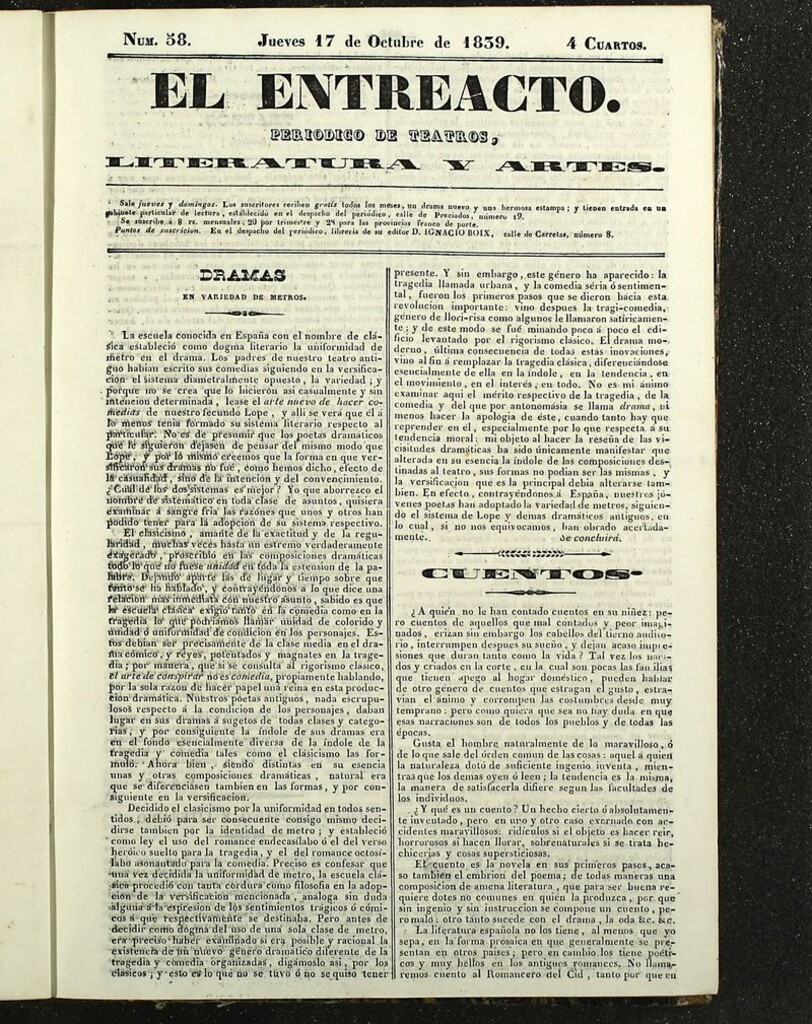 Miniatura de El Entreacto: Periódico de teatro, literatura y artes del 17 de octubre de 1839
