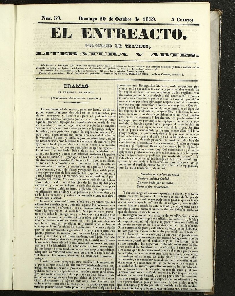 Miniatura de El Entreacto: Periódico de teatro, literatura y artes del 20 de octubre de 1839