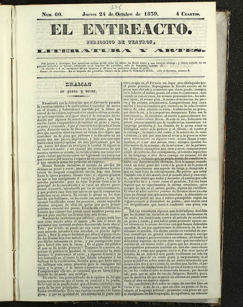 Miniatura de El Entreacto: Periódico de teatro, literatura y artes del 24 de octubre de 1839
