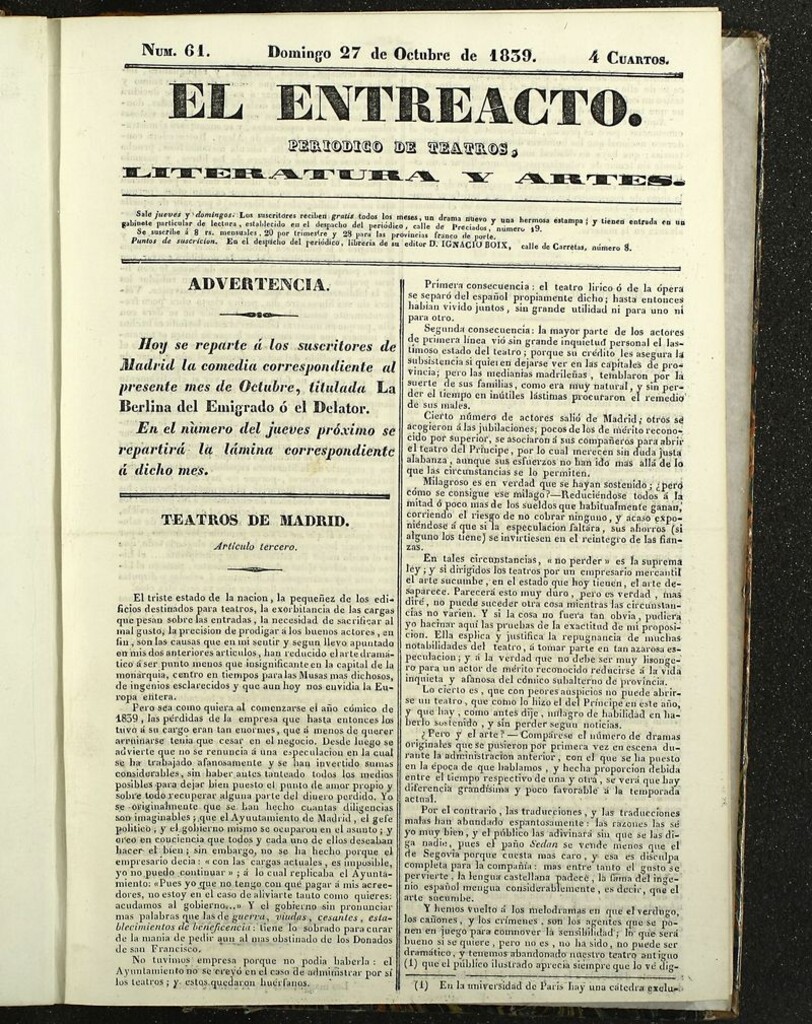 Miniatura de El Entreacto: Periódico de teatro, literatura y artes del 27 de octubre de 1839