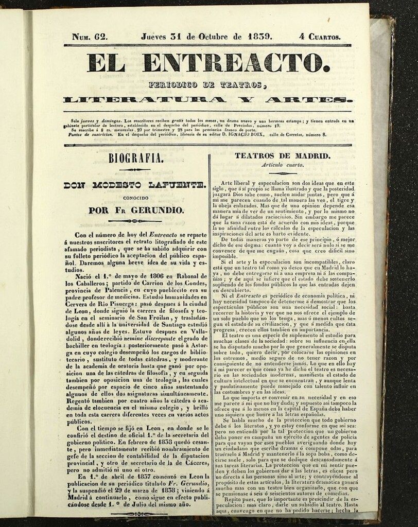 Miniatura de El Entreacto: Periódico de teatro, literatura y artes del 31 de octubre de 1839