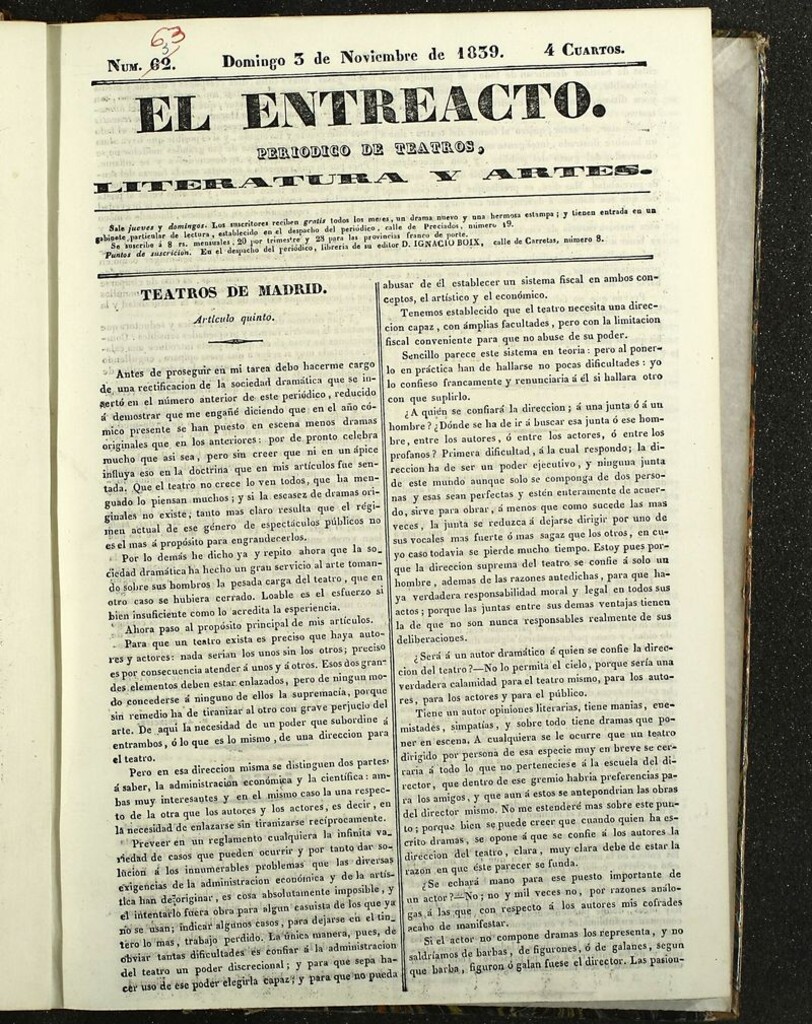 Miniatura de El Entreacto: Periódico de teatro, literatura y artes del 3 de noviembre de 1839
