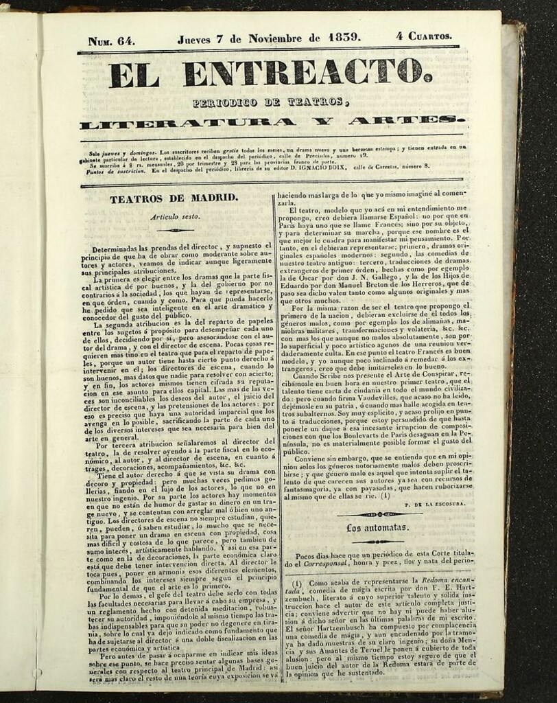 Miniatura de El Entreacto: Periódico de teatro, literatura y artes del 7 de noviembre de 1839