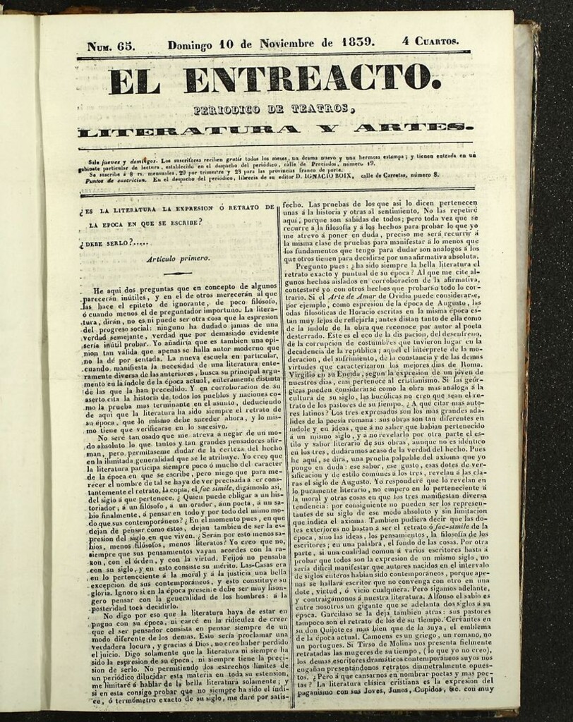 Miniatura de El Entreacto: Periódico de teatro, literatura y artes del 10 de noviembre de 1839