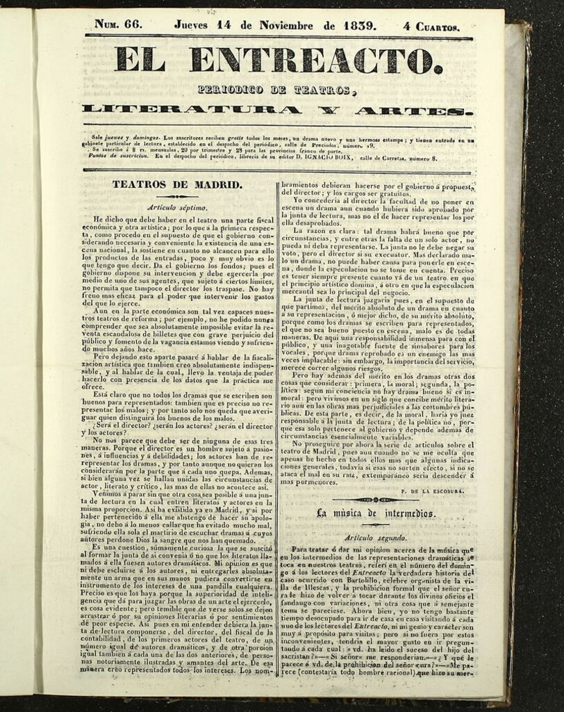Miniatura de El Entreacto: Periódico de teatro, literatura y artes del 14 de noviembre de 1839
