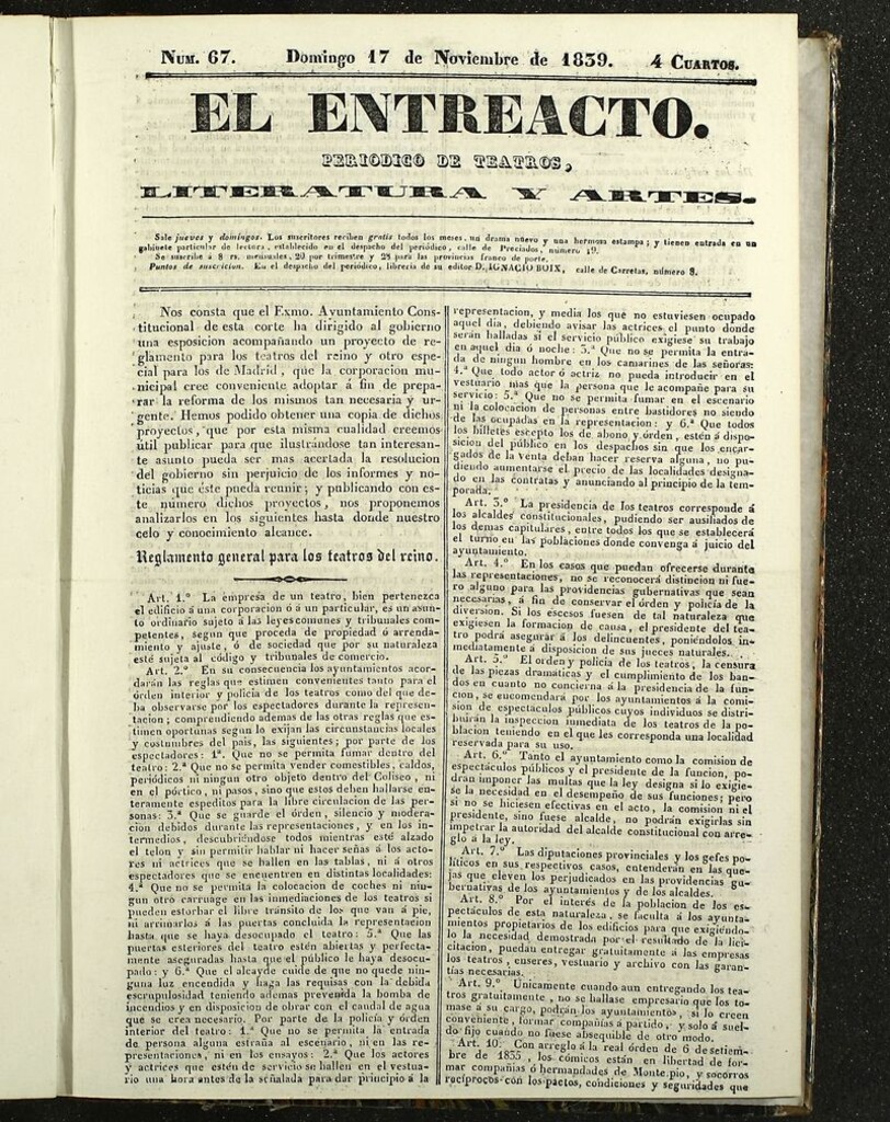 Miniatura de El Entreacto: Periódico de teatro, literatura y artes del 17 de noviembre de 1839