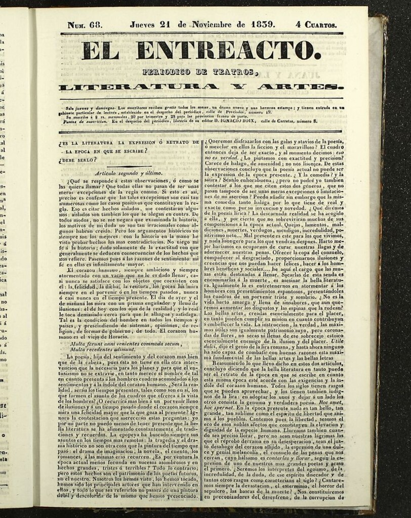 Miniatura de El Entreacto: Periódico de teatro, literatura y artes del 21 de noviembre de 1839